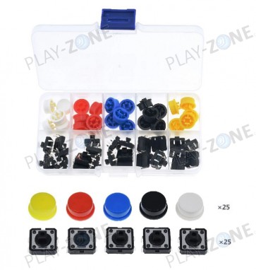 25 Stk. Platinenschalter 12 x 12 x 7.3mm mit Kappe in 5 Farben mit Box