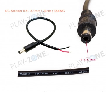DC-Stecker 5.5/2.1 inkl. Verbindungskabel 30cm  / 18AWG