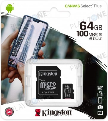 Kingston 64GB microSDXC Canvas Select Plus - 100MB / s Lesen,  Class 10 UHS-I A1