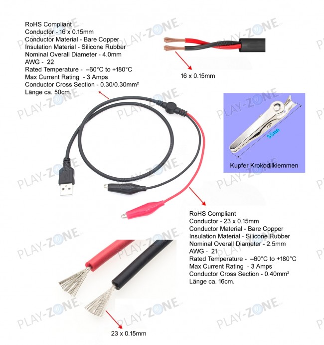 Testkabel Kupfer Krokodilklemmen zu USB-A-Stecker / 66CM