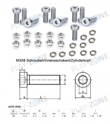 10 Stk. M3X8 Schrauben Innensechskant mit Muttern und Unterlagsscheiben