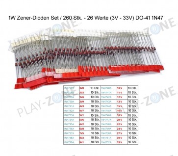 1W Zener-Dioden Set / 260 Stk. - 26 Werte (3V - 33V) DO-41 1N47