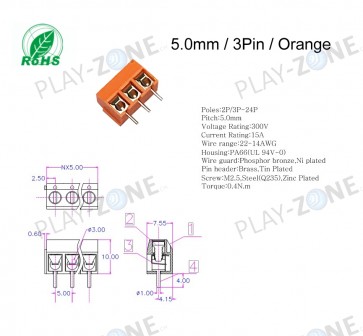 Screw Terminals 5mm Pitch (3-Pin)  Orange