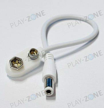 9V-Batterieclip mit weissem Kunststoffgehäuse und 2.1-mm-DC-Stecker
