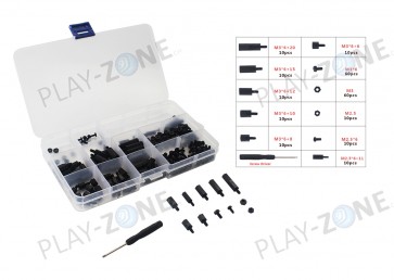 Set with M3 plastic Standoffs with Screws and Nuts with Box - 211 pieces / Black