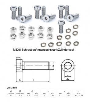 10 Stk. M3X8 Schrauben Innensechskant mit Muttern und Unterlagsscheiben