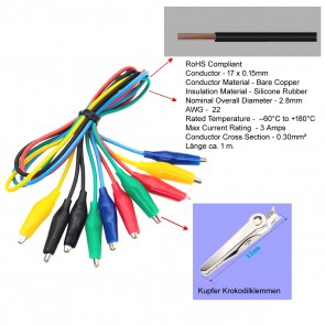 5 Stk. Testkabel Kupfer Krokodilklemmen / 1 Meter