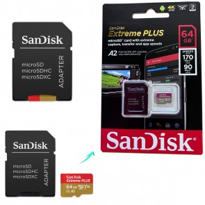 SanDisk Extreme Plus 64GB microSDHD Card + Adapter - 170 MB / s, UHS-I A2, Class U3, Video Class V30
